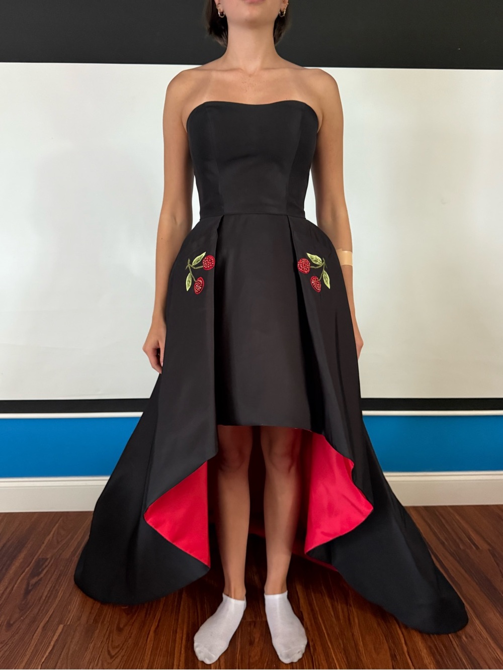 Sherri Hill Black High-Low Dress with Red Lining and Embroidered Pockets